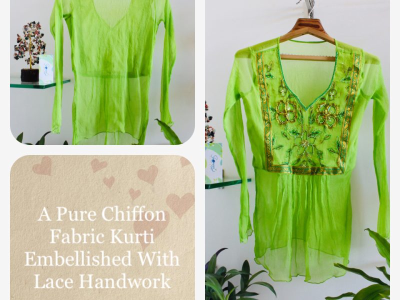 Parrot Green Pure Chiffon Kurti Embellished With Lace Work
